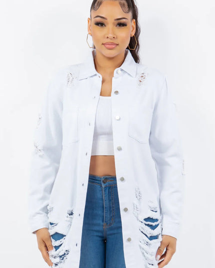 American Bazi Distressed Button Up Long Sleeve Denim Jacket - THE AMERICAN BLUE
