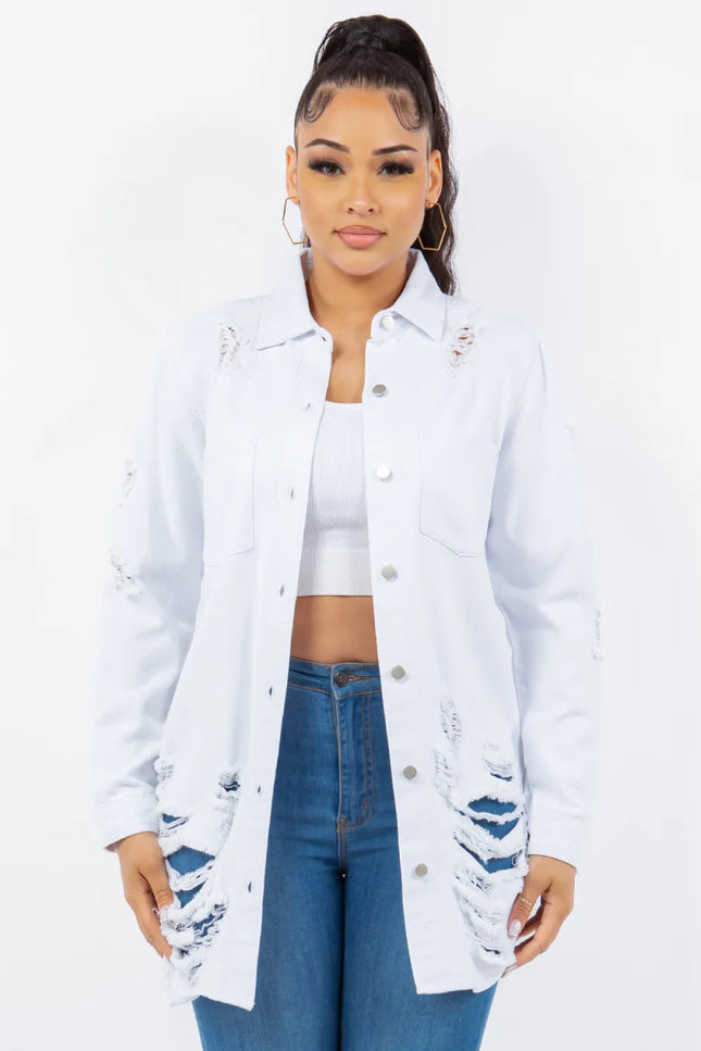 American Bazi Distressed Button Up Long Sleeve Denim Jacket - THE AMERICAN BLUE
