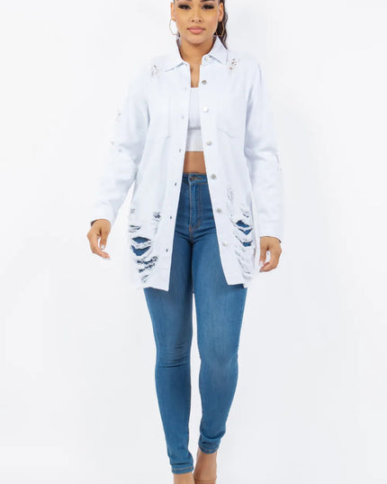American Bazi Distressed Button Up Long Sleeve Denim Jacket - THE AMERICAN BLUE