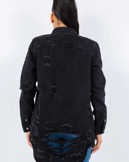 American Bazi Distressed Button Up Long Sleeve Denim Jacket - THE AMERICAN BLUE