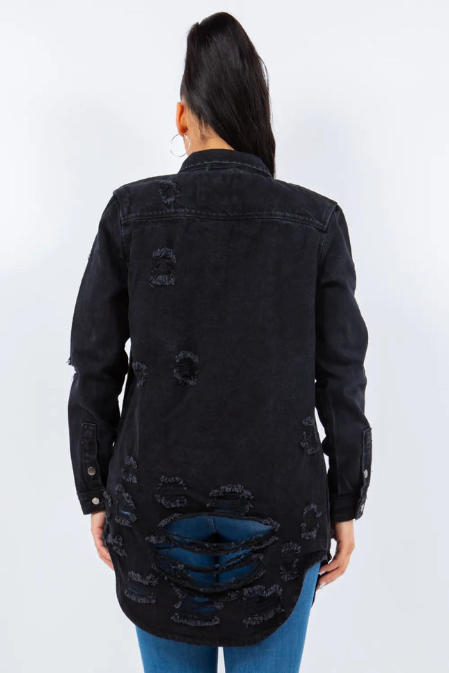American Bazi Distressed Button Up Long Sleeve Denim Jacket - THE AMERICAN BLUE
