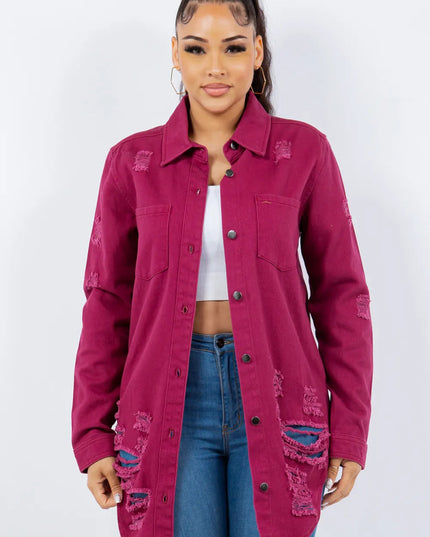 American Bazi Distressed Button Up Long Sleeve Denim Jacket - THE AMERICAN BLUE