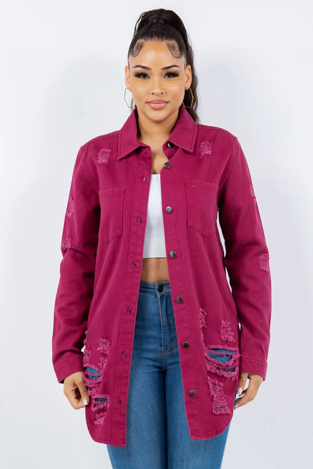 American Bazi Distressed Button Up Long Sleeve Denim Jacket - THE AMERICAN BLUE