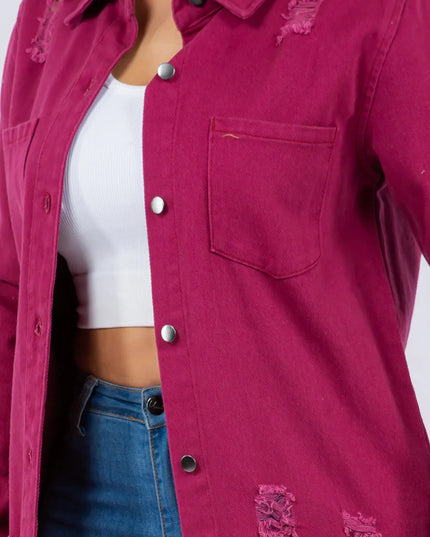 American Bazi Distressed Button Up Long Sleeve Denim Jacket - THE AMERICAN BLUE