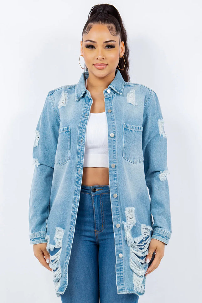American Bazi Distressed Button Up Long Sleeve Denim Jacket - THE AMERICAN BLUE