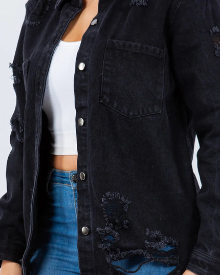 American Bazi Distressed Button Up Long Sleeve Denim Jacket - THE AMERICAN BLUE