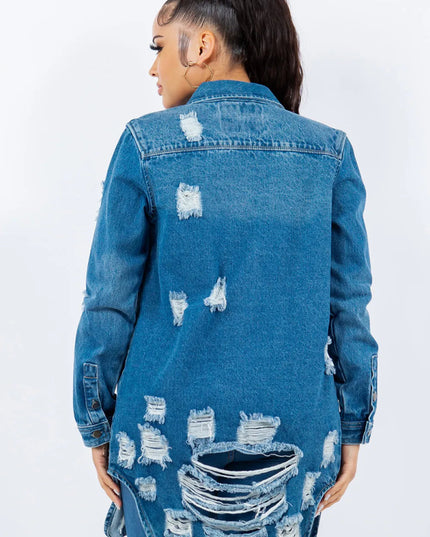 American Bazi Distressed Button Up Long Sleeve Denim Jacket - THE AMERICAN BLUE
