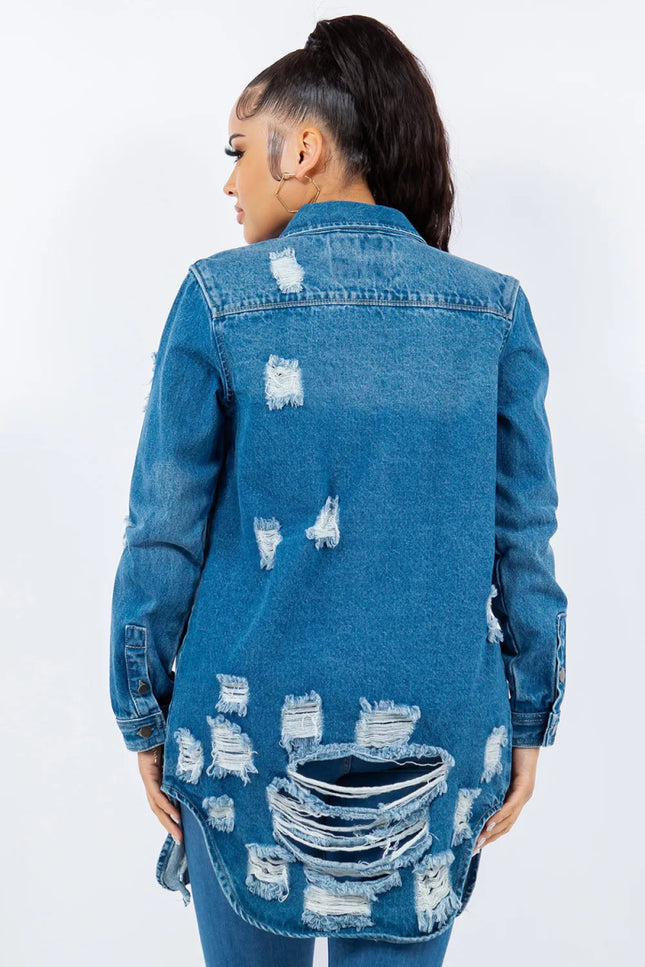 American Bazi Distressed Button Up Long Sleeve Denim Jacket - THE AMERICAN BLUE