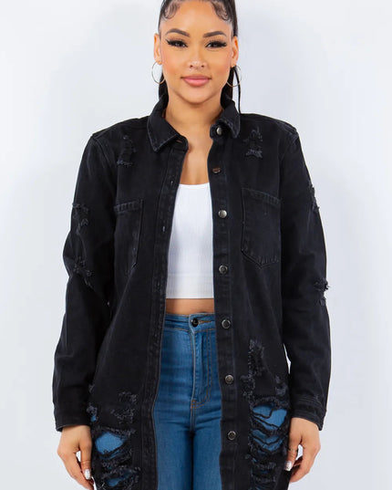 American Bazi Distressed Button Up Long Sleeve Denim Jacket - THE AMERICAN BLUE