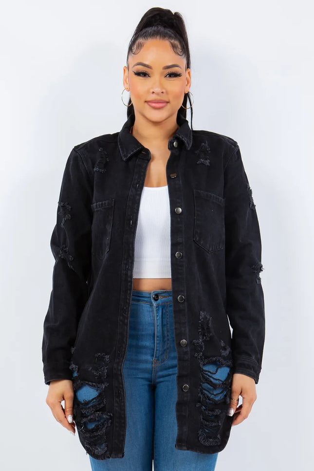 American Bazi Distressed Button Up Long Sleeve Denim Jacket - THE AMERICAN BLUE