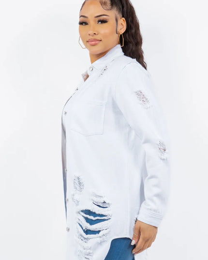 American Bazi Distressed Button Up Long Sleeve Denim Jacket - THE AMERICAN BLUE