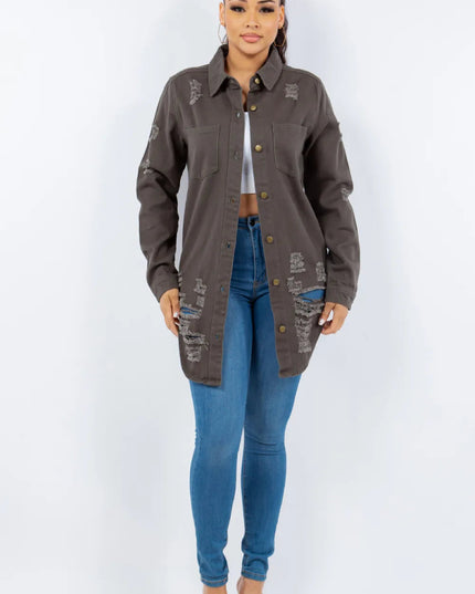 American Bazi Distressed Button Up Long Sleeve Denim Jacket - THE AMERICAN BLUE