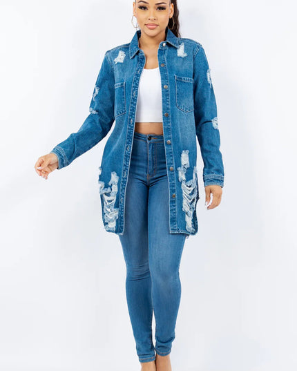 American Bazi Distressed Button Up Long Sleeve Denim Jacket - THE AMERICAN BLUE