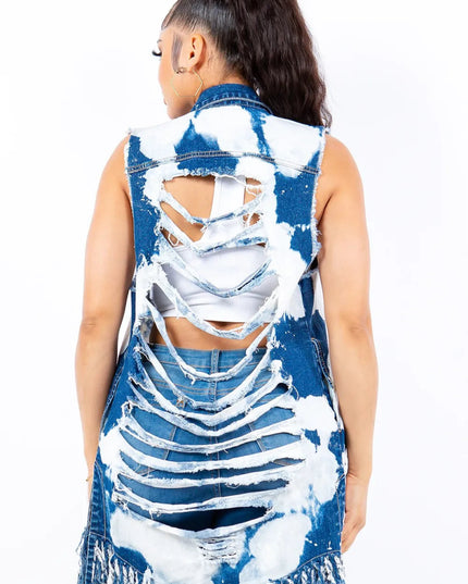 American Bazi Distressed Frayed Edge Longline Denim Vest - THE AMERICAN BLUE