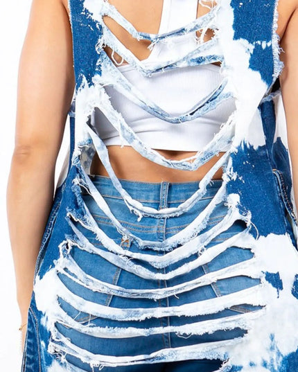 American Bazi Distressed Frayed Edge Longline Denim Vest - THE AMERICAN BLUE