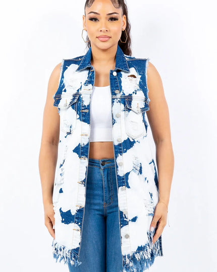 American Bazi Distressed Frayed Edge Longline Denim Vest - THE AMERICAN BLUE
