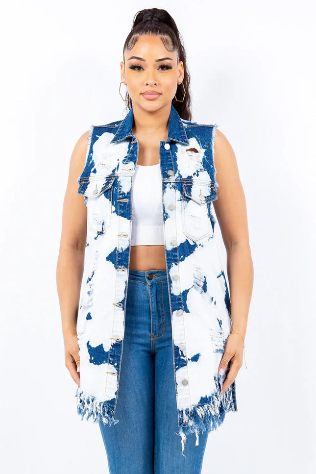 American Bazi Distressed Frayed Edge Longline Denim Vest - THE AMERICAN BLUE