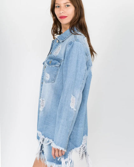 American Bazi Distressed Frayed Hem Denim Jacket - THE AMERICAN BLUE