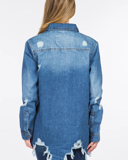 American Bazi Distressed Frayed Hem Denim Jacket - THE AMERICAN BLUE