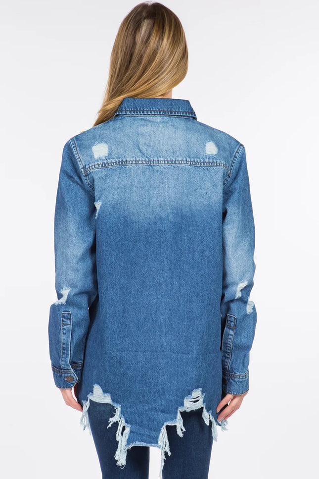 American Bazi Distressed Frayed Hem Denim Jacket - THE AMERICAN BLUE