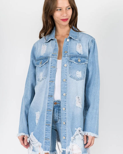 American Bazi Distressed Frayed Hem Denim Jacket - THE AMERICAN BLUE