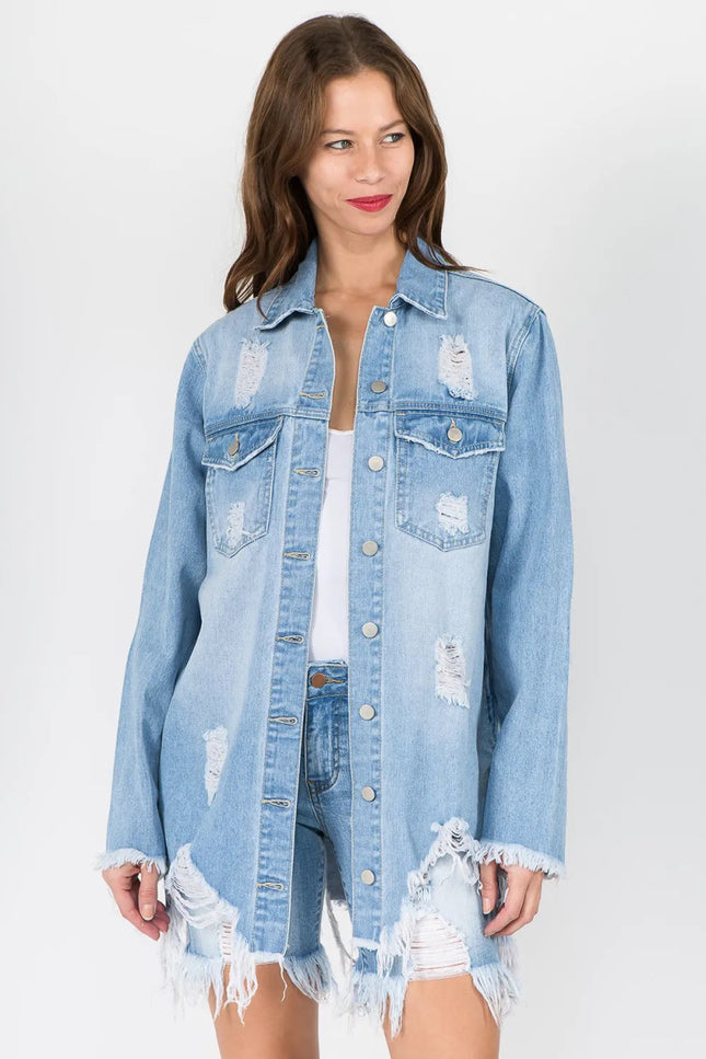 American Bazi Distressed Frayed Hem Denim Jacket - THE AMERICAN BLUE