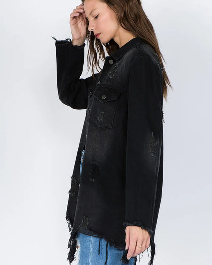 American Bazi Distressed Frayed Hem Denim Jacket - THE AMERICAN BLUE
