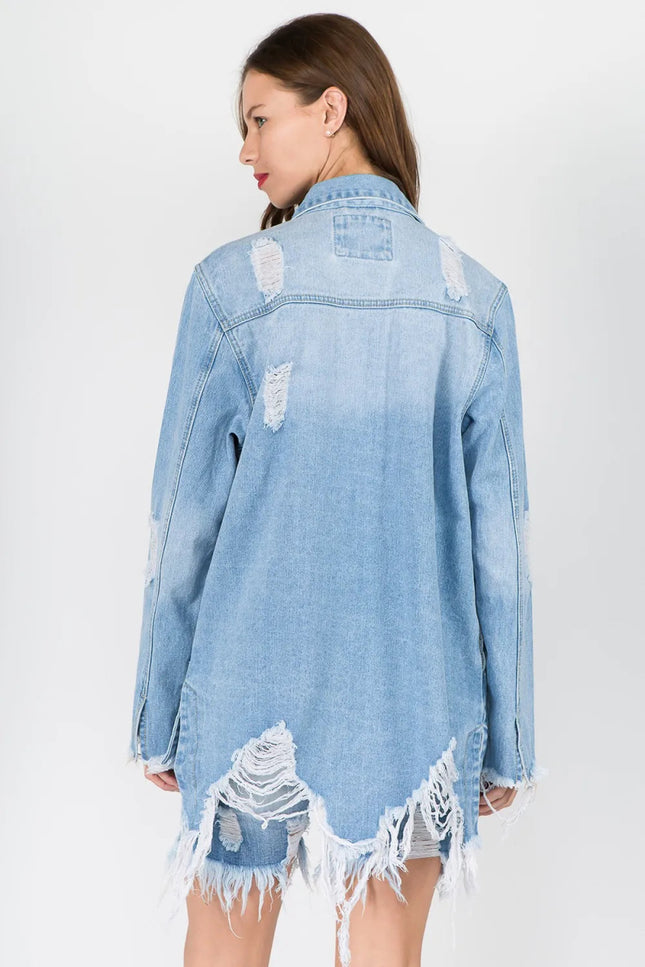 American Bazi Distressed Frayed Hem Denim Jacket - THE AMERICAN BLUE