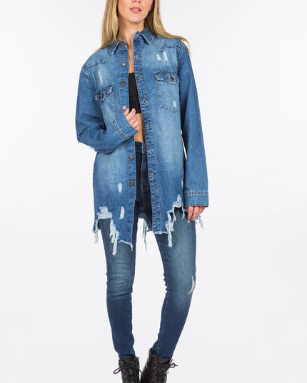American Bazi Distressed Frayed Hem Denim Jacket - THE AMERICAN BLUE