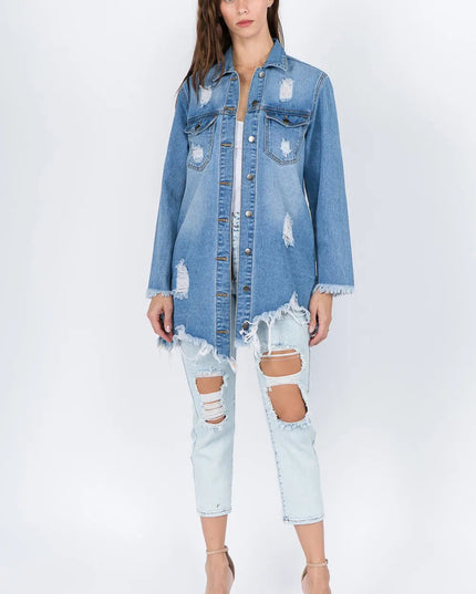 American Bazi Distressed Frayed Hem Denim Jacket - THE AMERICAN BLUE