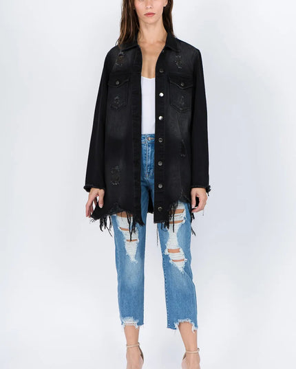 American Bazi Distressed Frayed Hem Denim Jacket - THE AMERICAN BLUE
