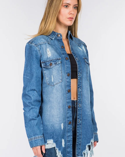 American Bazi Distressed Frayed Hem Denim Jacket - THE AMERICAN BLUE