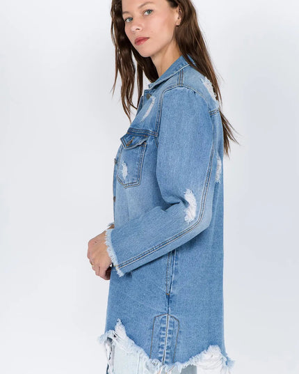 American Bazi Distressed Frayed Hem Denim Jacket - THE AMERICAN BLUE