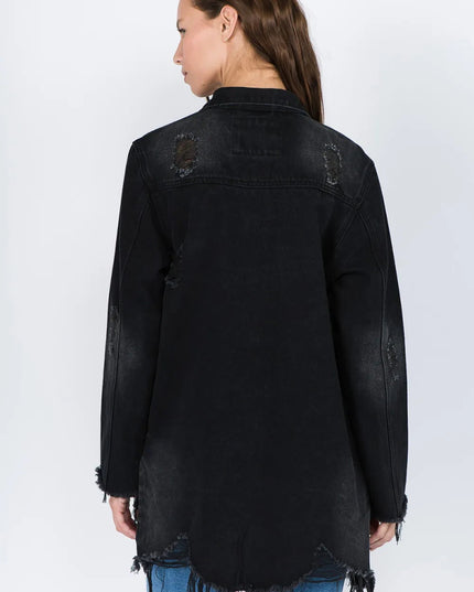 American Bazi Distressed Frayed Hem Denim Jacket - THE AMERICAN BLUE