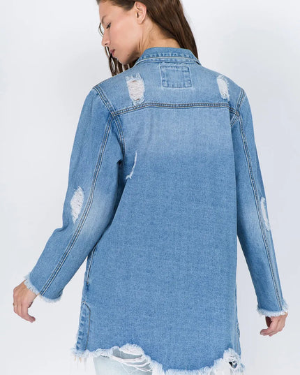 American Bazi Distressed Frayed Hem Denim Jacket - THE AMERICAN BLUE