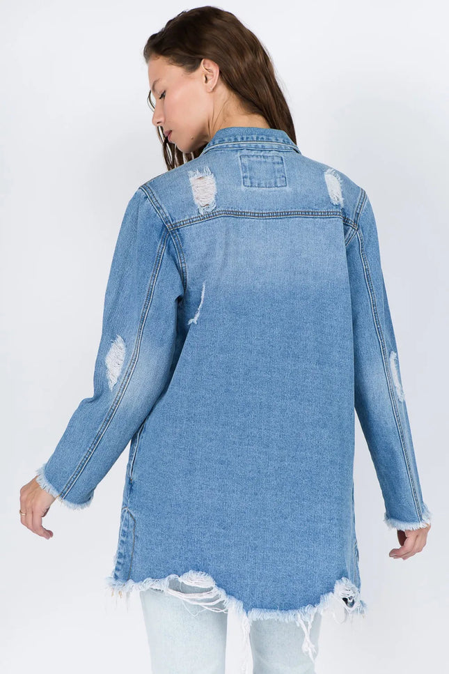 American Bazi Distressed Frayed Hem Denim Jacket - THE AMERICAN BLUE