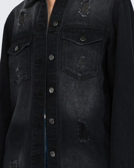 American Bazi Distressed Frayed Hem Denim Jacket - THE AMERICAN BLUE