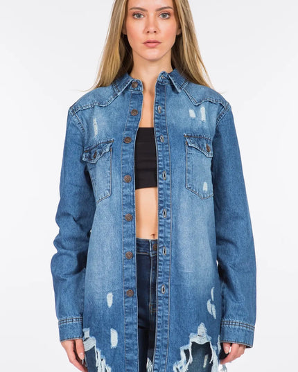 American Bazi Distressed Frayed Hem Denim Jacket - THE AMERICAN BLUE
