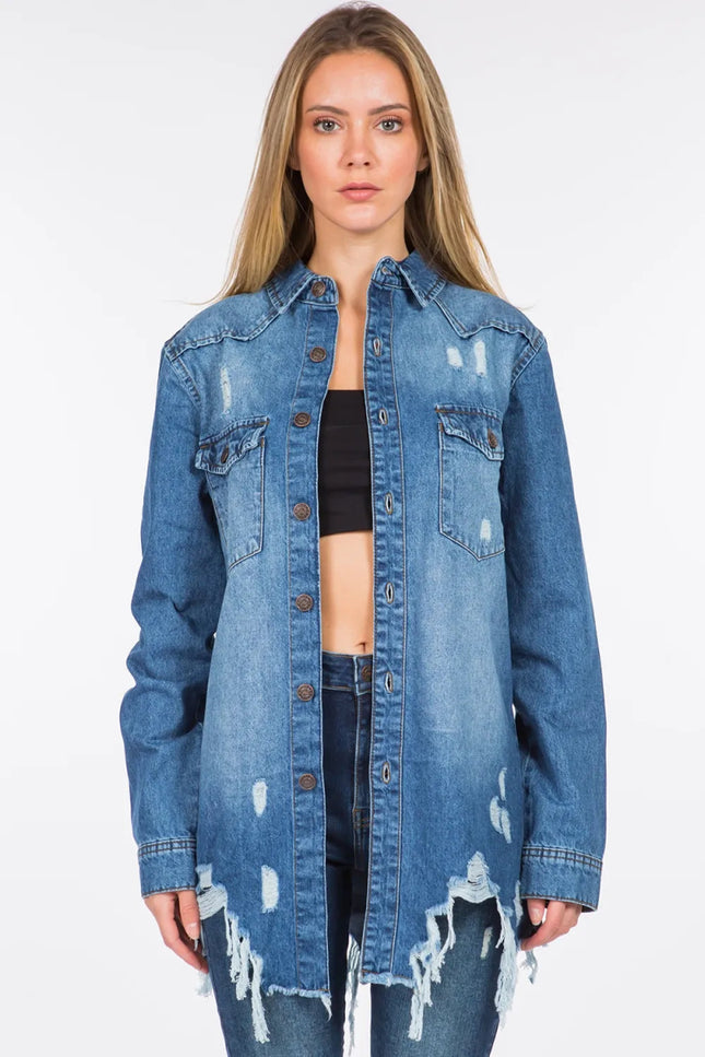 American Bazi Distressed Frayed Hem Denim Jacket - THE AMERICAN BLUE