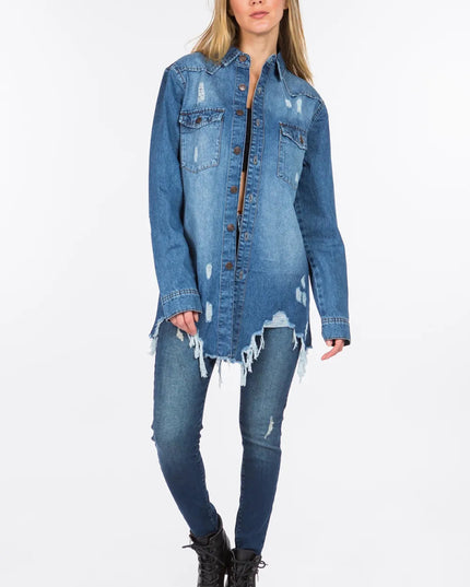 American Bazi Distressed Frayed Hem Denim Jacket - THE AMERICAN BLUE