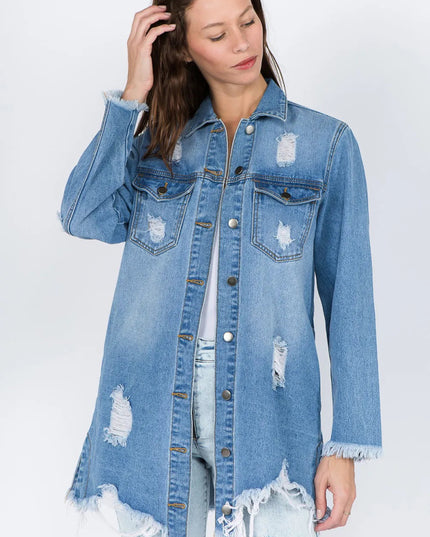 American Bazi Distressed Frayed Hem Denim Jacket - THE AMERICAN BLUE
