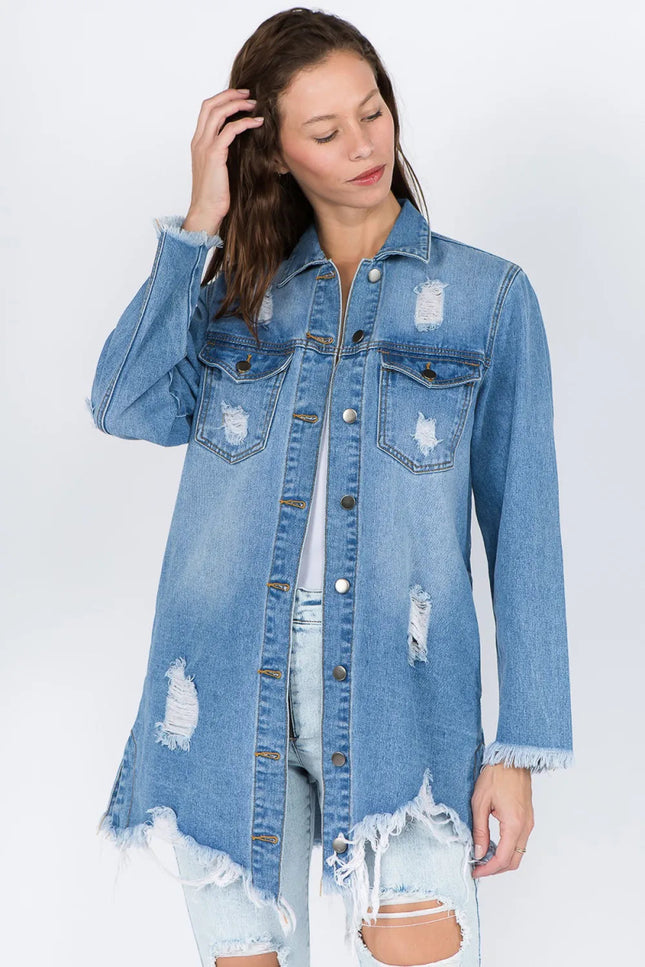 American Bazi Distressed Frayed Hem Denim Jacket - THE AMERICAN BLUE