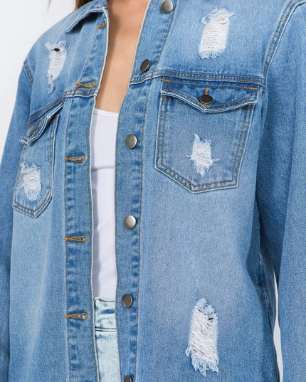 American Bazi Distressed Frayed Hem Denim Jacket - THE AMERICAN BLUE