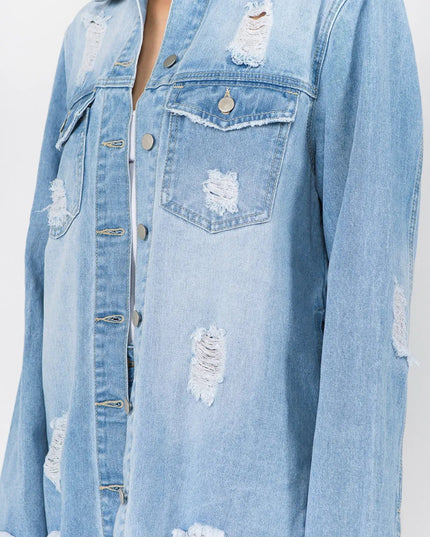 American Bazi Distressed Frayed Hem Denim Jacket - THE AMERICAN BLUE