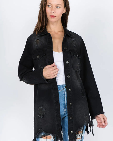 American Bazi Distressed Frayed Hem Denim Jacket - THE AMERICAN BLUE