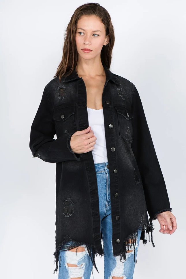 American Bazi Distressed Frayed Hem Denim Jacket - THE AMERICAN BLUE