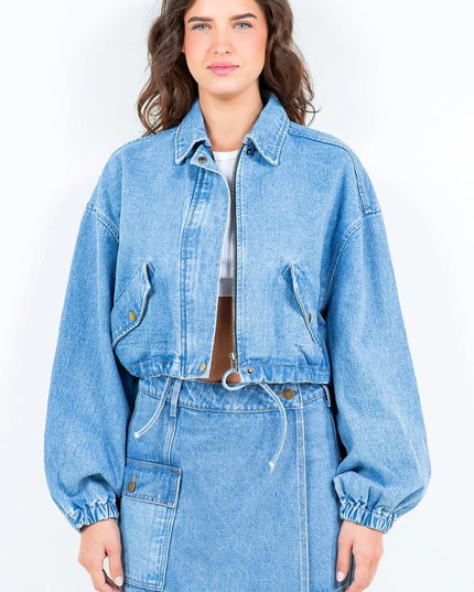 American Bazi Drawstring Waist Crop Denim Jacket - THE AMERICAN BLUE