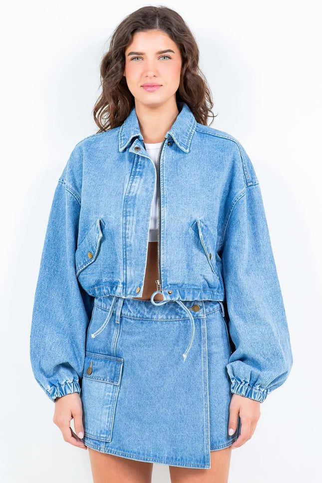 American Bazi Drawstring Waist Crop Denim Jacket - THE AMERICAN BLUE