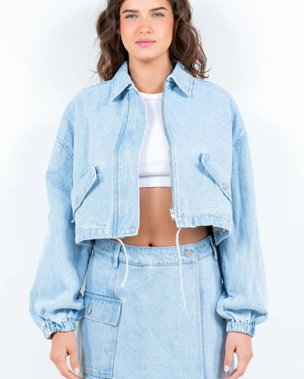 American Bazi Drawstring Waist Crop Denim Jacket - THE AMERICAN BLUE