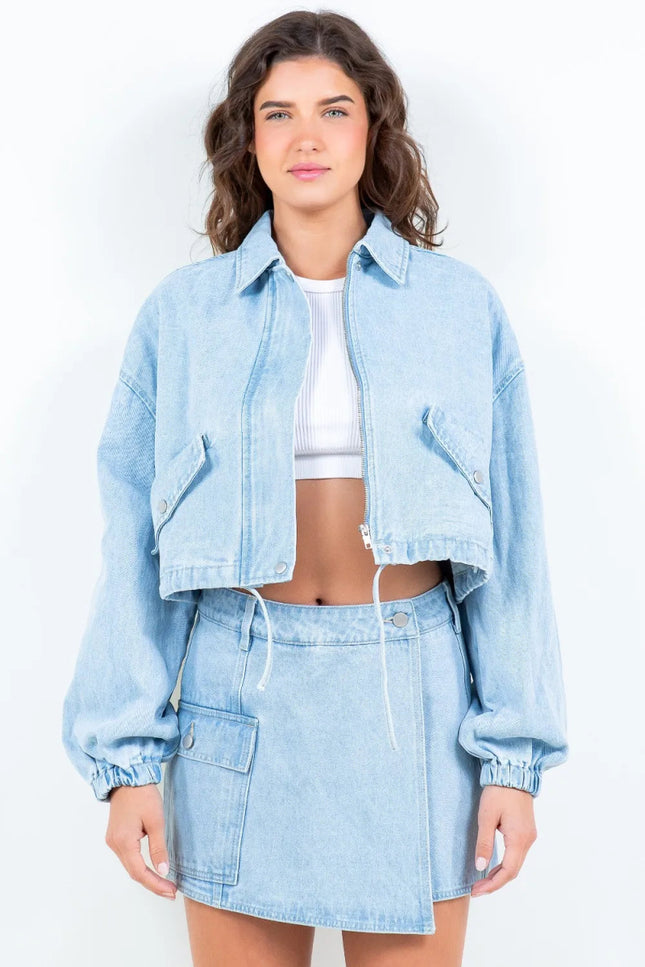 American Bazi Drawstring Waist Crop Denim Jacket - THE AMERICAN BLUE